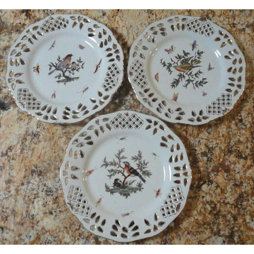 3 Rothschild Bird Design Reticulated Wall Cabinet Plates Decorative Only 10 1/4"